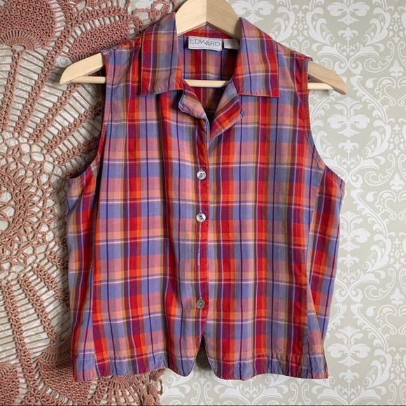Vintage Edward Silk Plaid Sleeveless Button Down